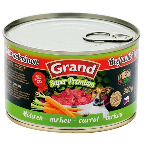 GRAND SUPER PREMIUM Dog Hovězí- se zeleninou - mrkev 380g 88% mäso+10% zelenina