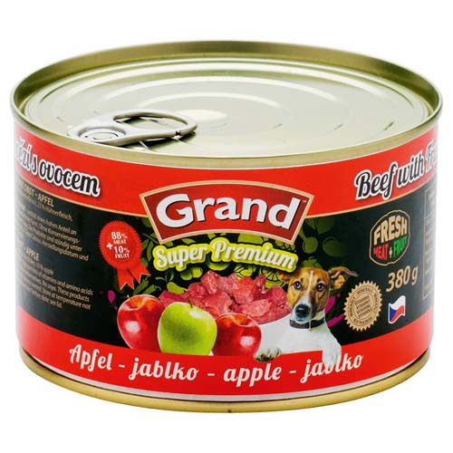 GRAND SUPER PREMIUM Dog Hovězí s ovocem -jablko 380g 88% maso+10% ovoce