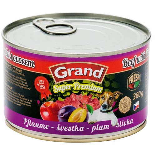 GRAND SUPER PREMIUM Dog Hovězí s ovocem - švestka 380g 88% mäso+10% ovocie