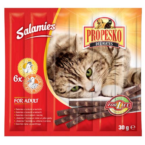 PROPESKO DELIKATES SALAMIS 6ks 30g kuřecí a kachní klobásky pro kočky