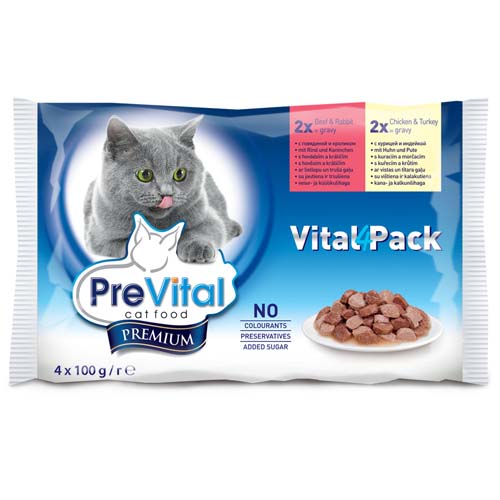 PreVital Premium kapsičky pro kočky 4x100g s hovězím a králičím, s kuřecím a krůtím v omáčce (Vital Pack)